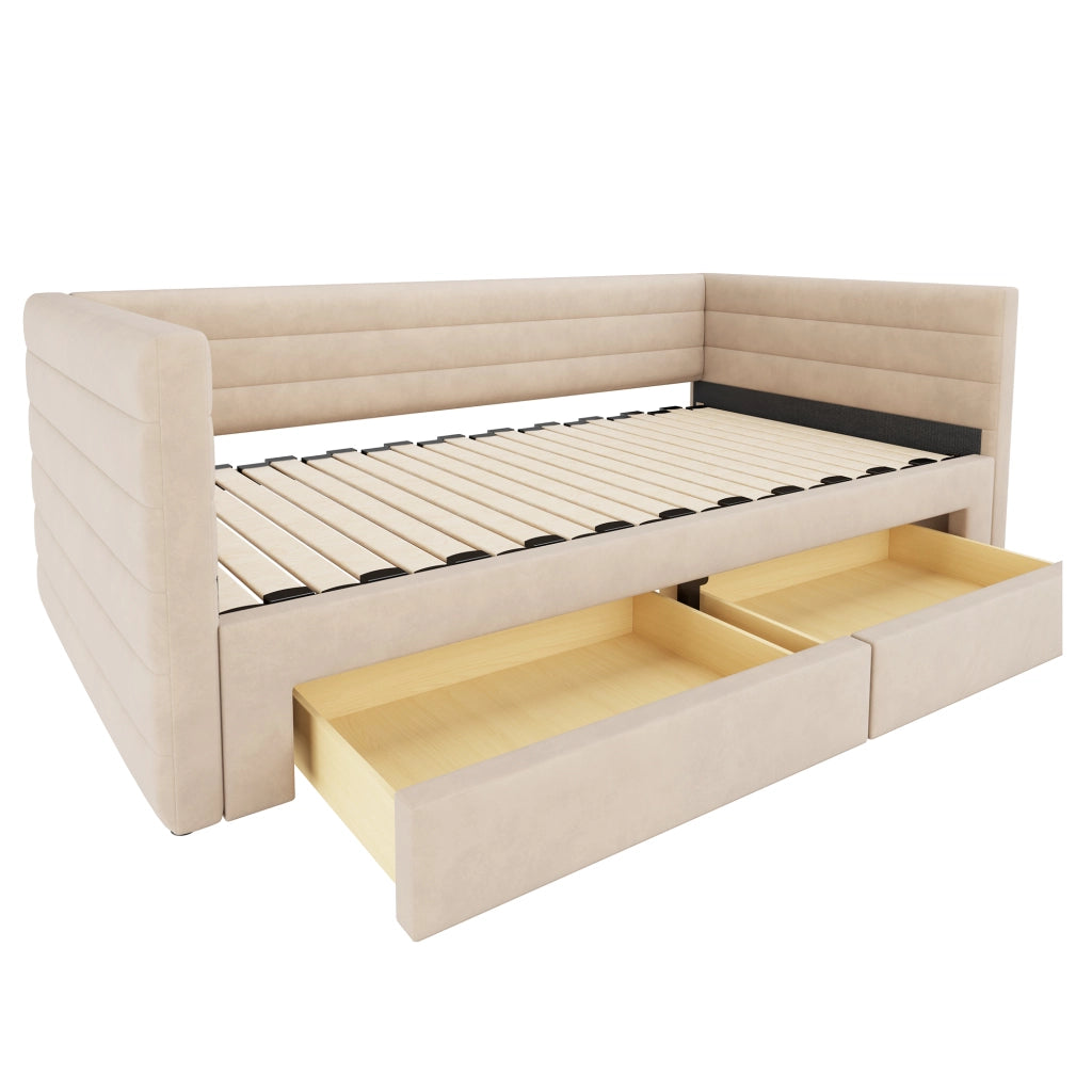 Divano letto estraibile con 2 cassetti e funzione letto in cotone e lino beige 90 × 190 cm