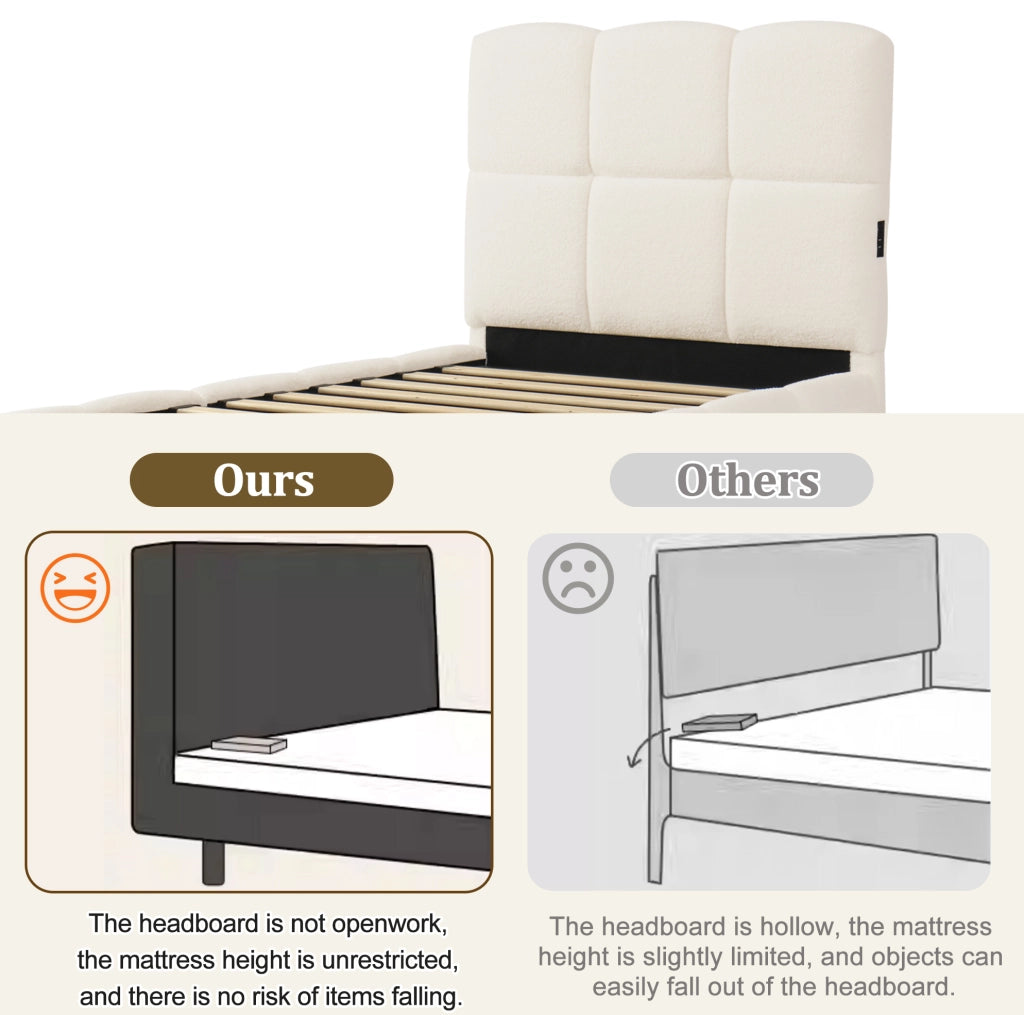 Letto singolo imbottito 90x200 cm con contenitore; rete inclusa; bouclé beige