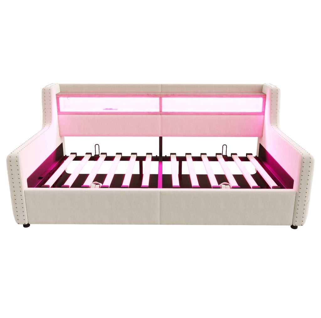 Divano letto 90x200 cm con contenitore idraulico, LED e velluto beige