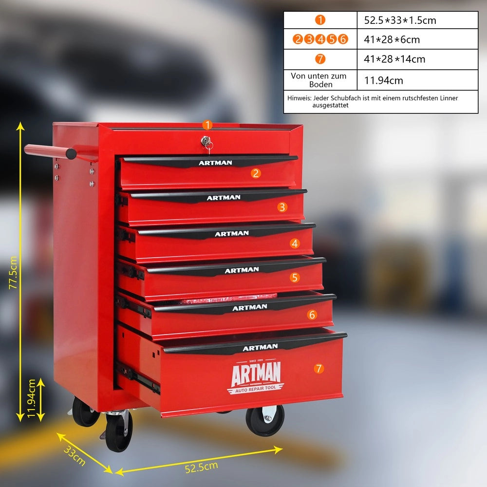 Cassettiera Porta Utensili su Ruote ¨C MINIMAL ¨C Metallo Rosso e Nero, 6 Cassetti