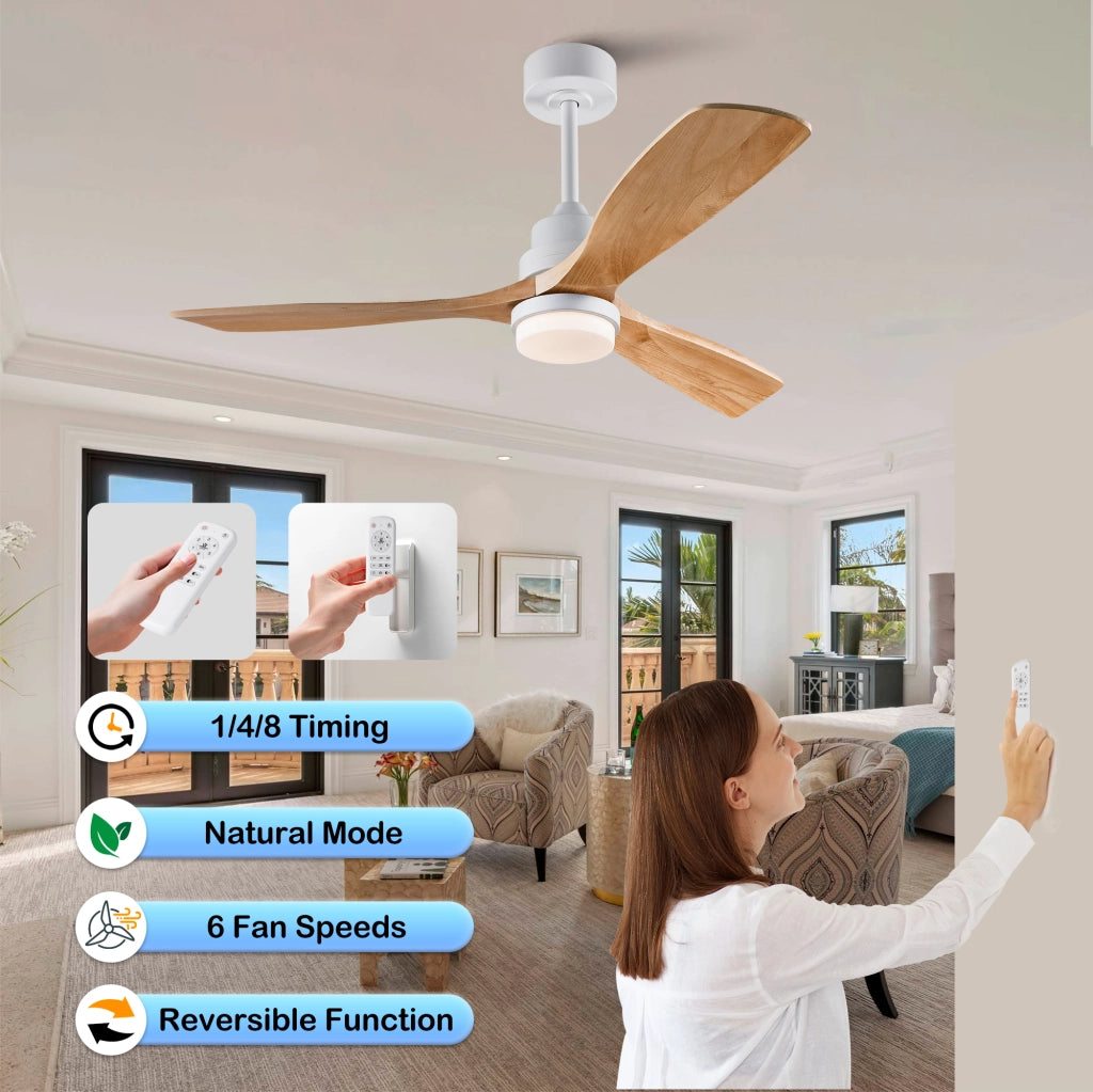 Ventilatore da soffitto 52 pollici con luce, telecomando, funzione dimmer, pale legno massello, risparmio energetico, motore DC silenzioso