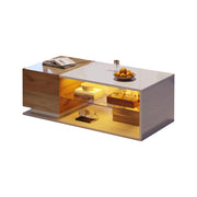 Tavolino da caffè 105x50x36 cm; con LED e spazio contenitivo; truciolare e vetro temperato; bianco e colore naturale