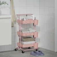 Carrello Ausiliario con Ruote Carro di Stoccaggio Multifunzionale con Ganci e Ceste Sospese 42x38x86,5 cm Rosa