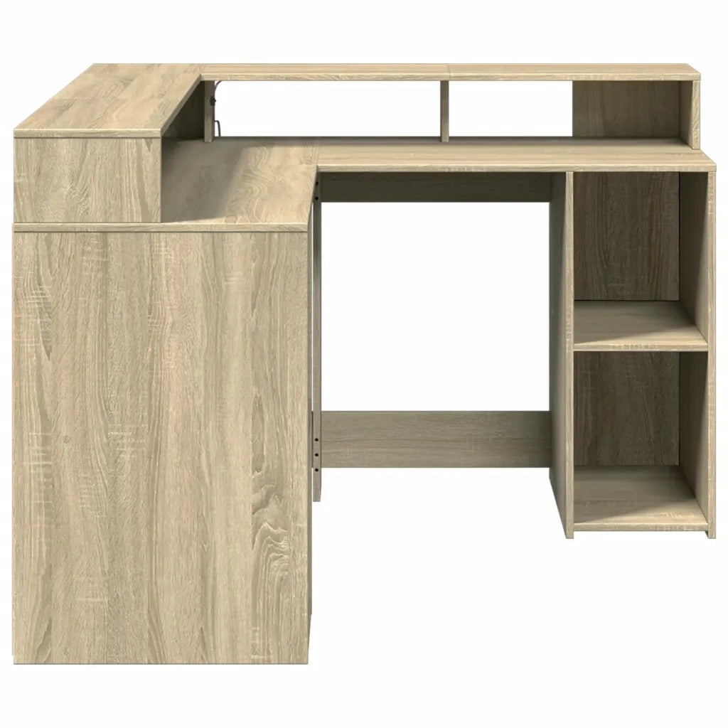 Scrivania | Tavolo da Ufficio con Luci LED Rovere Sonoma 130x130x91cm in Truciolato