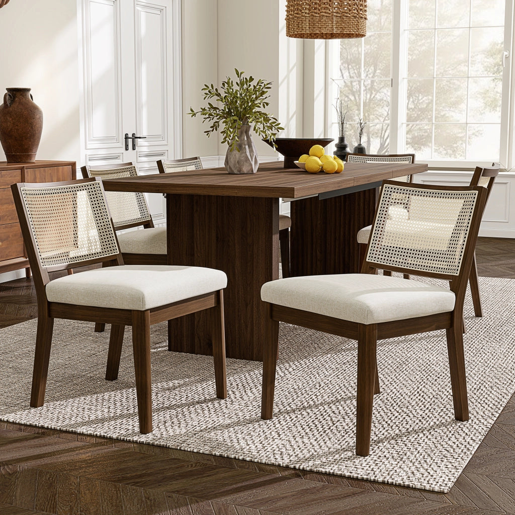 Sedie da Pranzo in Legno Massello con Schienale in Rattan ¨C MINIMAL ¨C Noce, Set 6 Pezzi