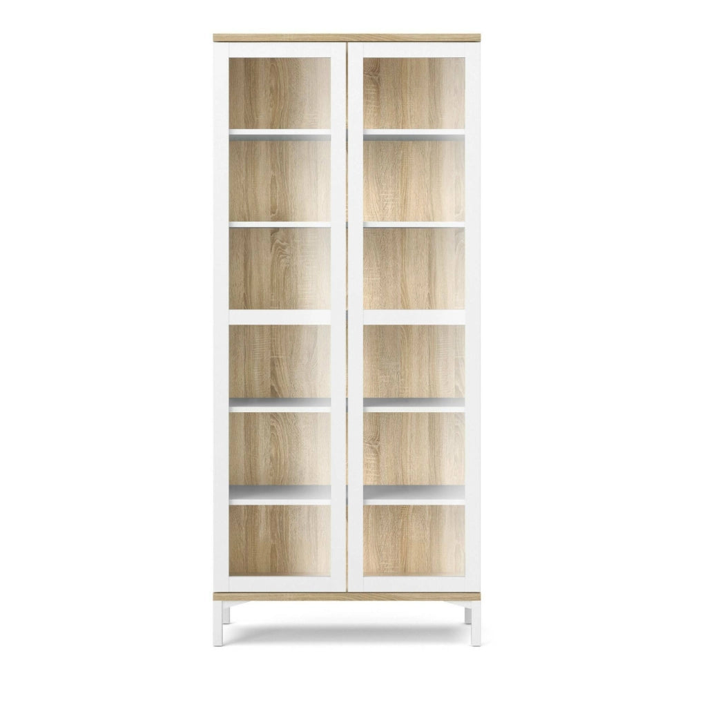 Vetrina Hudhud, Credenza espositiva, Vetrinetta multiuso, Madia da soggiorno, 89x36 h203 cm, Bianco e Quercia