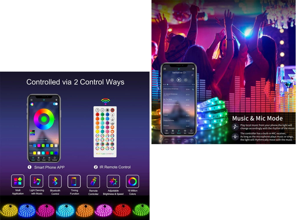 Striscia Led 10 Metri Bonve Pet RGB 5050 Controllo APP e Telecomando 40 Tasti Funzione Musicale Bluetooth Luci Led Colorate per Decorazioni Camera da Letto Bar Festa Casa