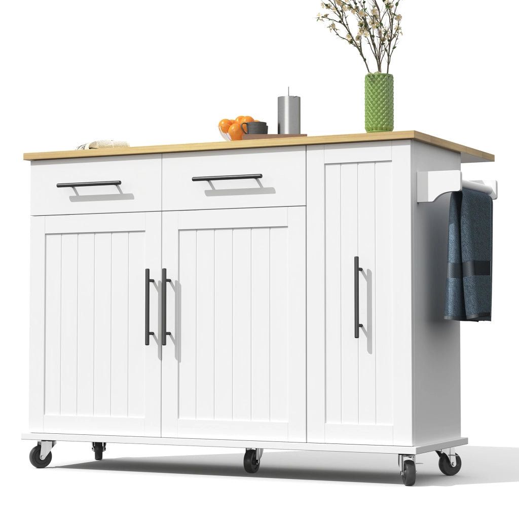 Carrello da Cucina con 2 Cassetti; Vano Estraibile a 3 Livelli; Piano Ribaltabile e Ruote; 120 x 40(65) x 90 cm