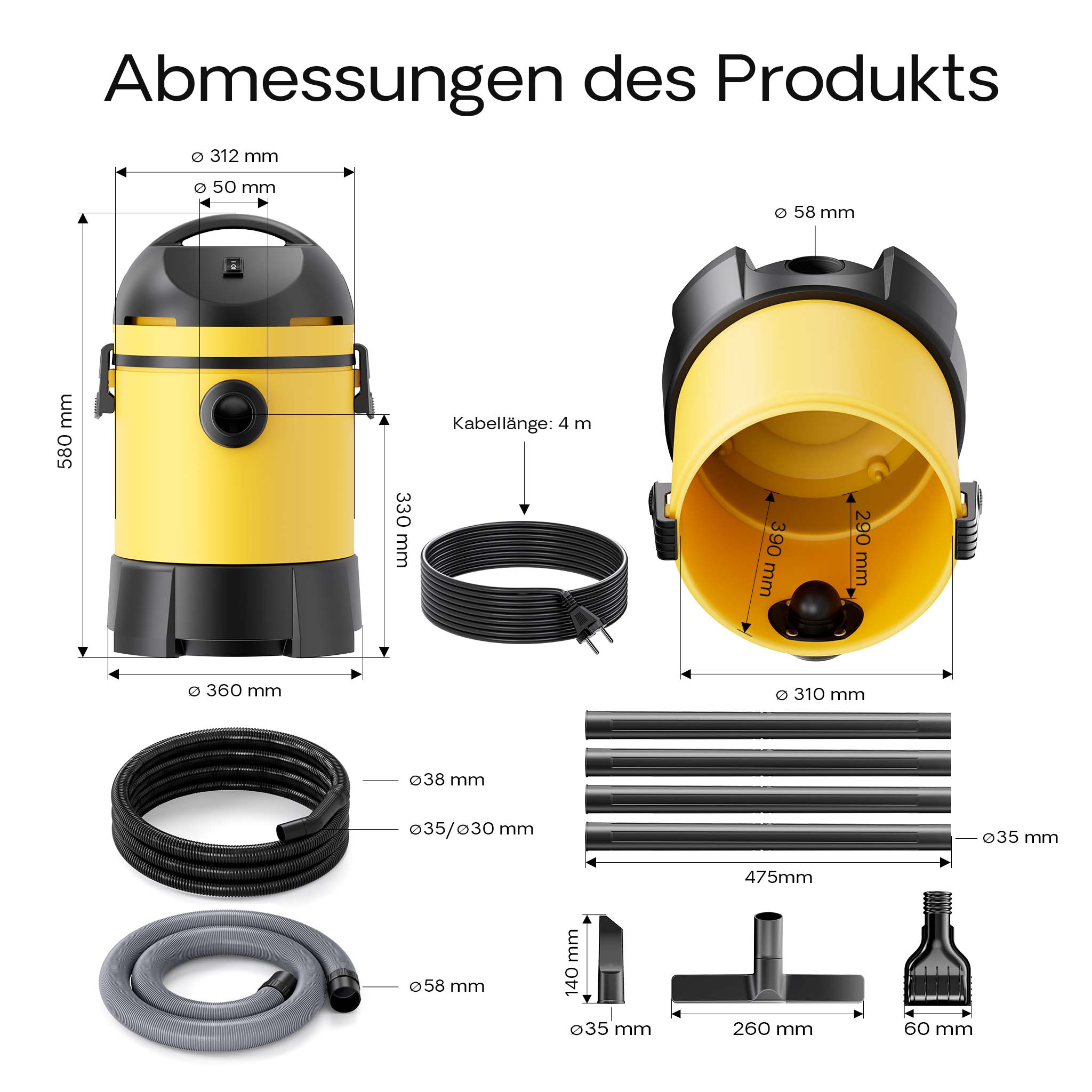 Aspiratore per laghetti/piscine Aspirafango 1400W Funzionamento a secco/umido Svuotamento automatico