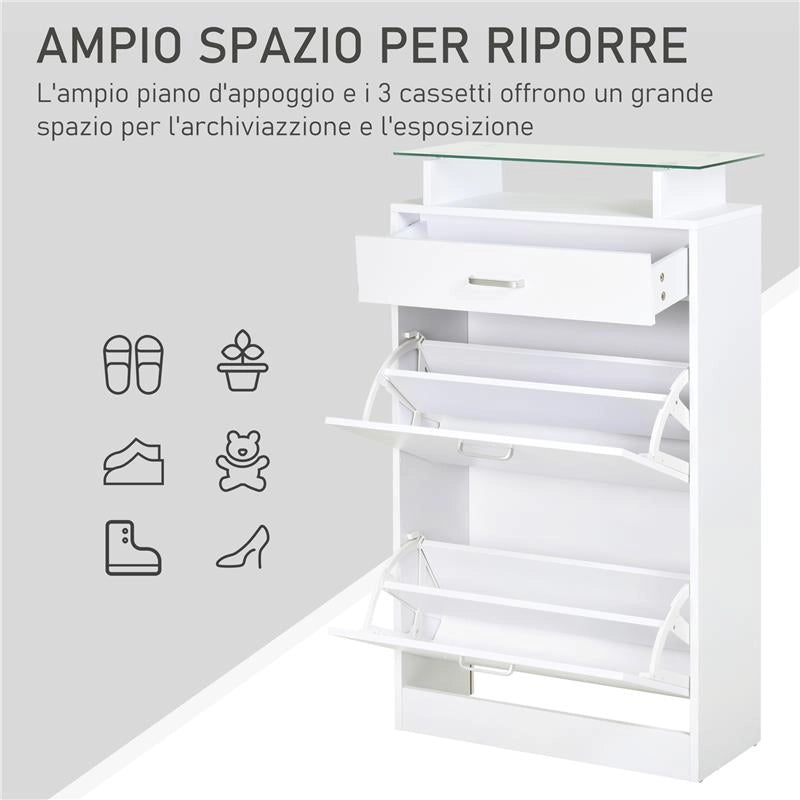 MOBILE SCARPIERA IN LEGNO CON 2 ANTE A 2 LIVELLI, CASSETTO E RIPIANO IN VETRO 60X24X105.5 CM, BIANCO