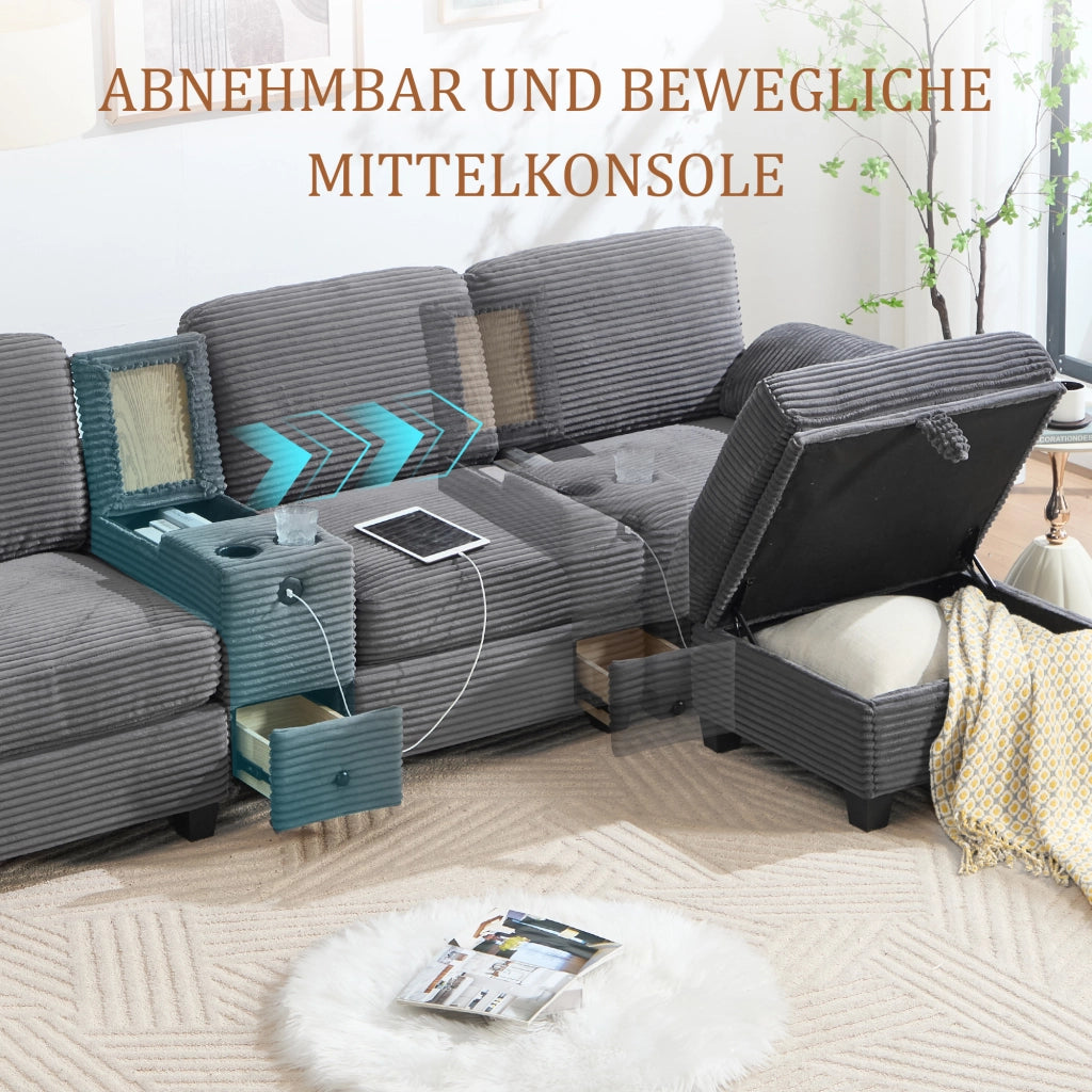 Divano con memory foam console scorrevole USB-C tasche laterali e pouf contenitore in velluto a coste grigio scuro