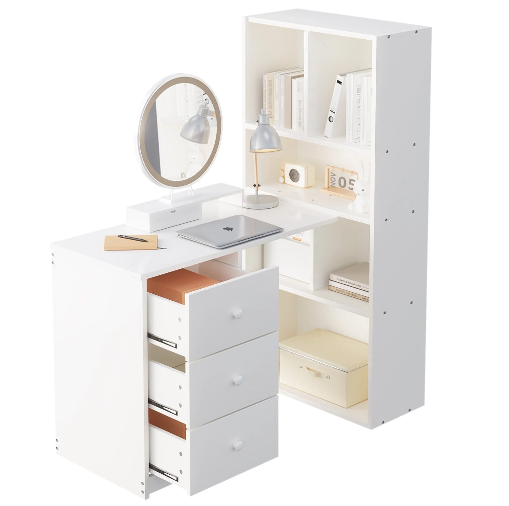 Scrivania angolare ULEVR 117x63x135 cm con libreria a 4 ripiani e 3 cassetti, bianca