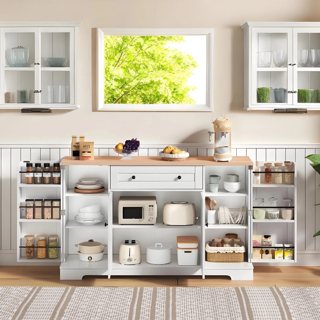 Credenza moderna 138 cm con cassetto, ante e ripiani regolabili, MDF Natural/Bianco