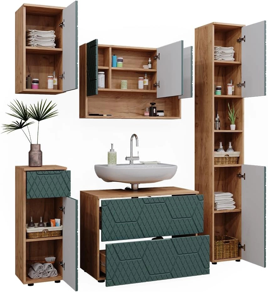 Set mobili bagno Irma, Quercia verde/oro, 5 parti