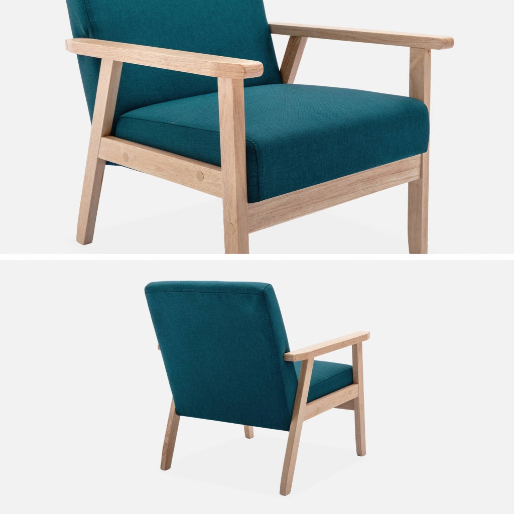 Poltrona scandinava in legno e tessuto, blu smeraldo