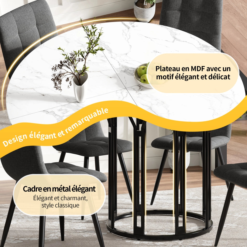 Tavolo da pranzo rotondo in MDF e metallo con effetto marmo, piedini regolabili, per cucina e soggiorno 100 × 100 × 74 cm