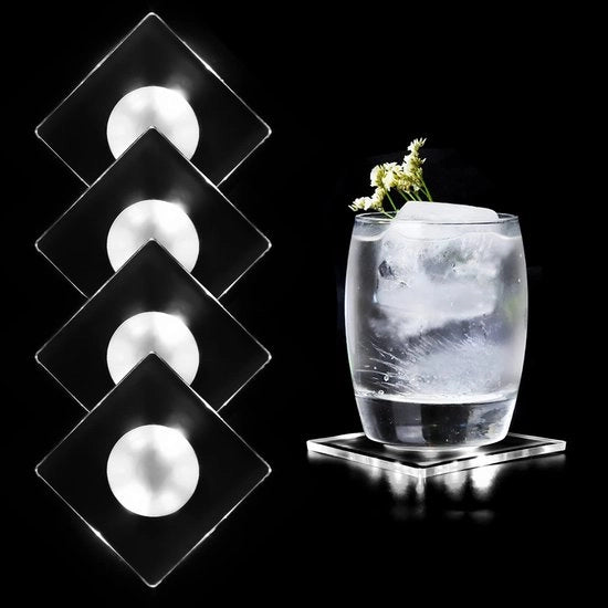 Set di 4 basi quadrati, illuminanti LED per bicchieri, con interruttore, basi acqua-resistenti che si accendono per bicchieri, bottiglie, feste, matrimoni, bar, Natale