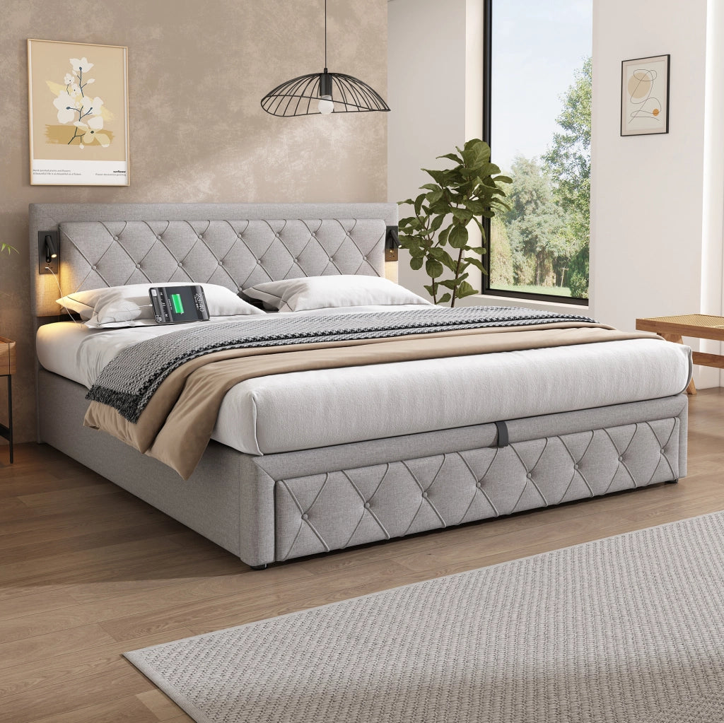 Letto contenitore con LED e USB; rete a doghe in legno; lino grigio