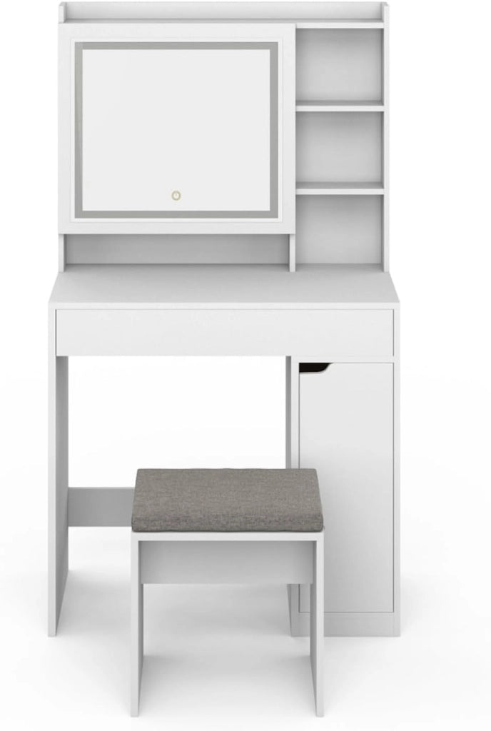 ZELIA tocador blanco con espejo LED, almacenamiento, 1 cajón, 1 unidad de almacenamiento y taburete tapizado