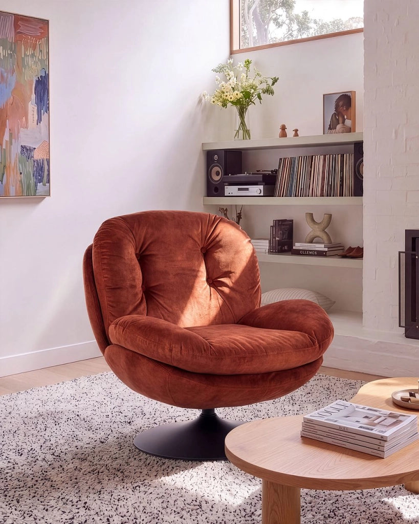 Poltrona girevole Velluto marrone dorato Base singola con sedile imbottito Button Tufted
