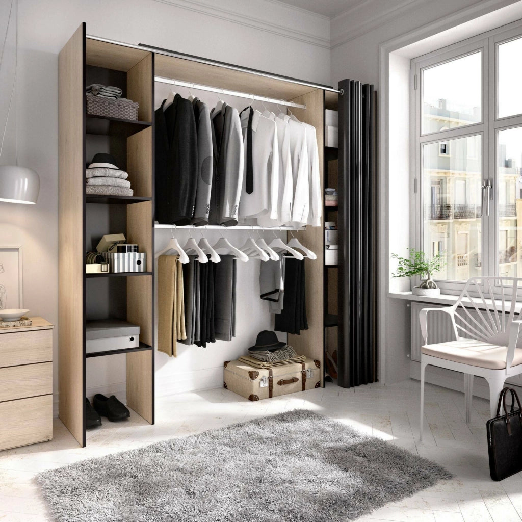 Guardaroba Acron, Struttura per cabina armadio, Mobile appendiabiti aperto allungabile, 180x50h205 cm, Rovere e Grigio