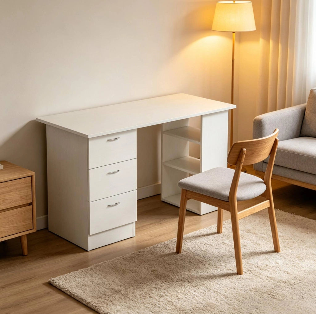 Scrivania per computer in MDF bianco 120x49x72 cm con 3 cassetti e ripiani regolabili