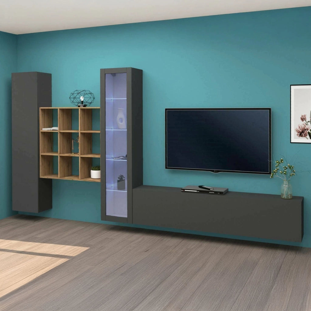 Mobile Soggiorno Arizzano, Parete Attrezzata 18 Ripiani Made in Italy, 310x30x180h cm Nero Antracite