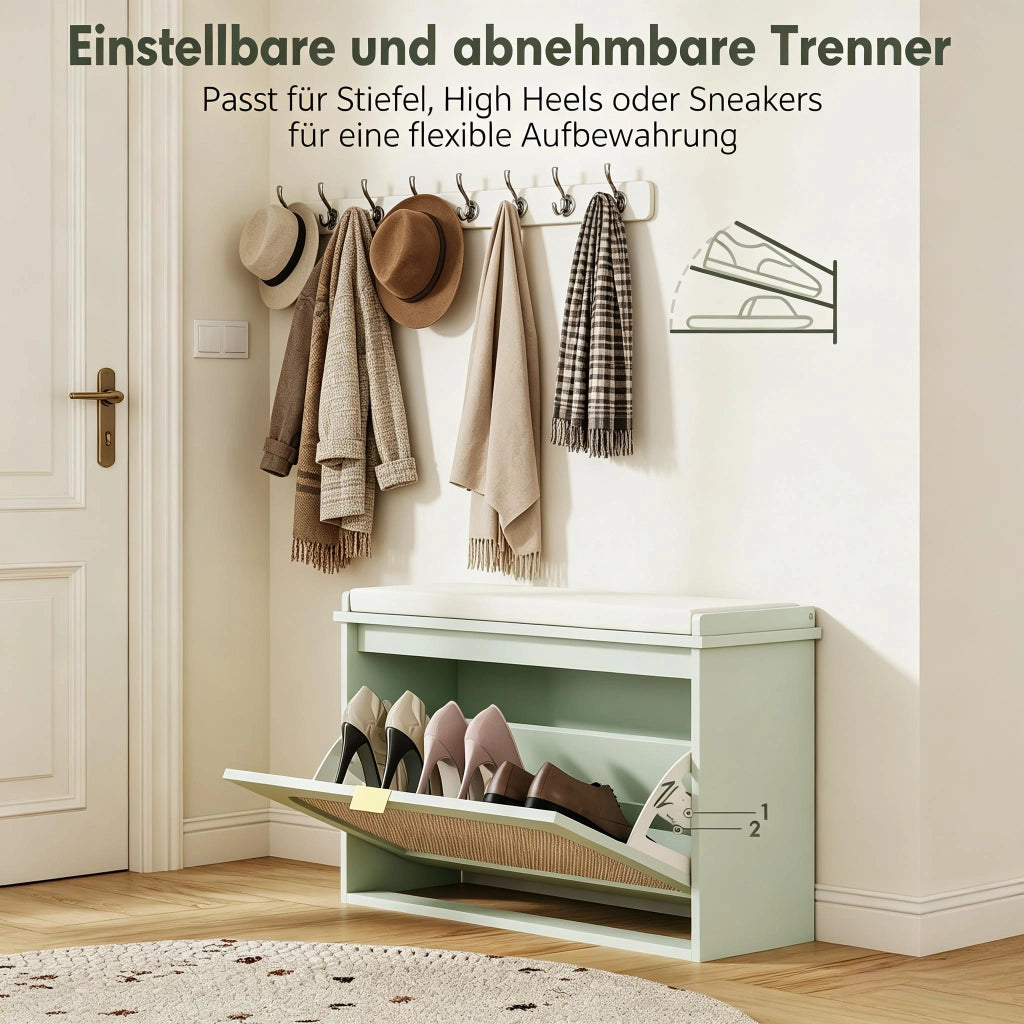 Scarpiera con vano contenitore e cuscino, 8 paia, tessuto effetto lino e MDF, verde e beige