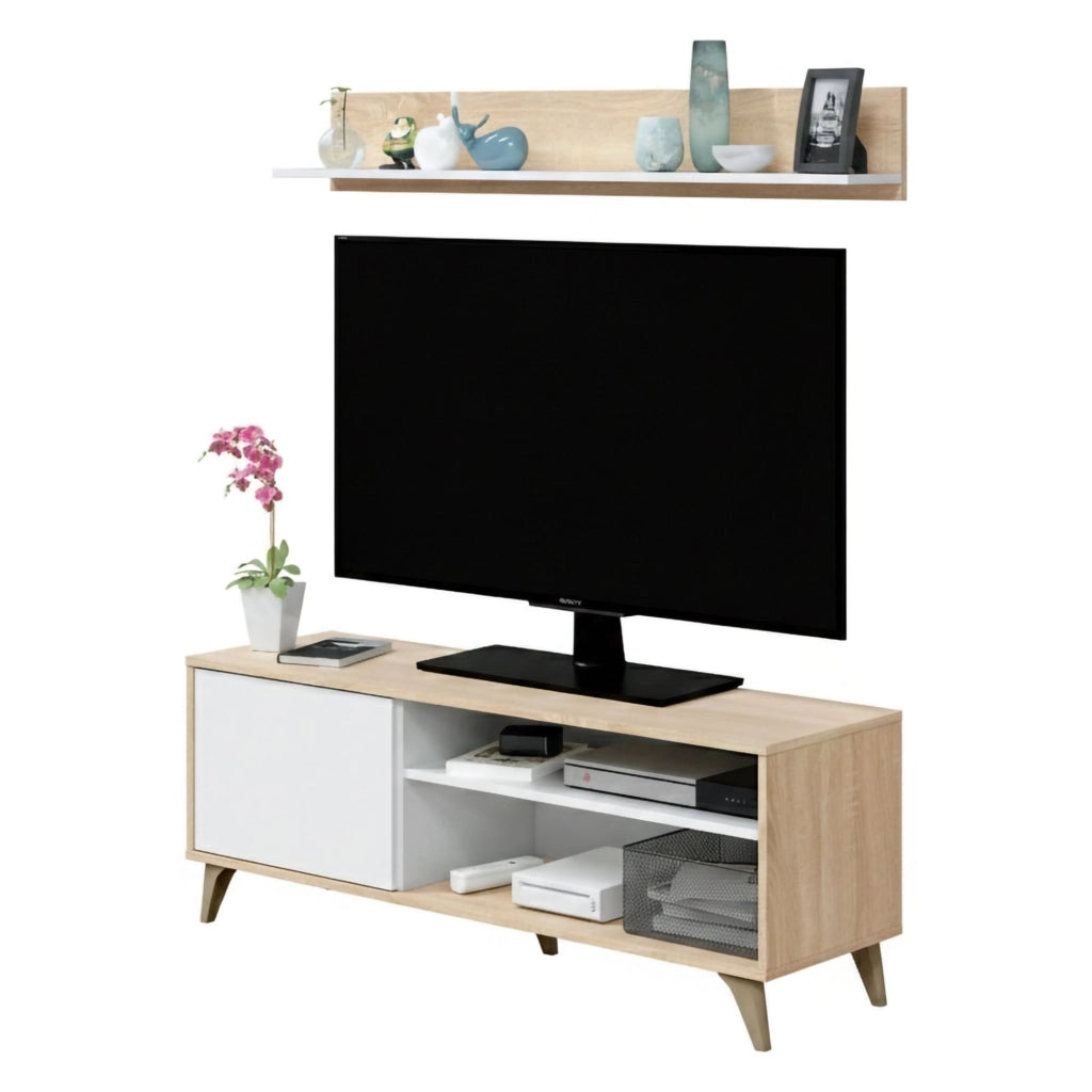 Mobile porta TV Amerino, Credenza per televisione da soggiorno con 1 anta,Supporto TV da salotto, Madia di design, cm 135x40h50, Rovere