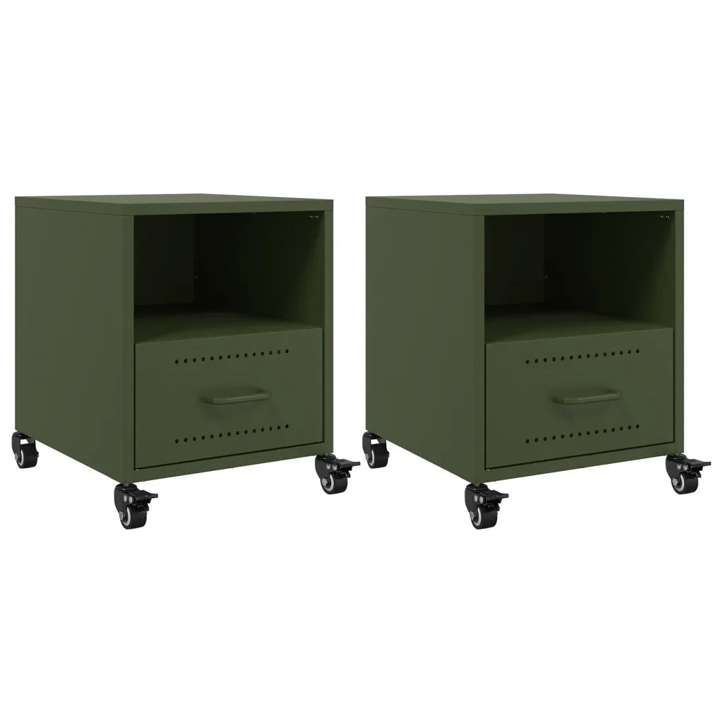 Set di 2 Comodini | Armadio da Notte | Mobiletto da notte Verde Oliva 36x39x43,5 cm in Acciaio