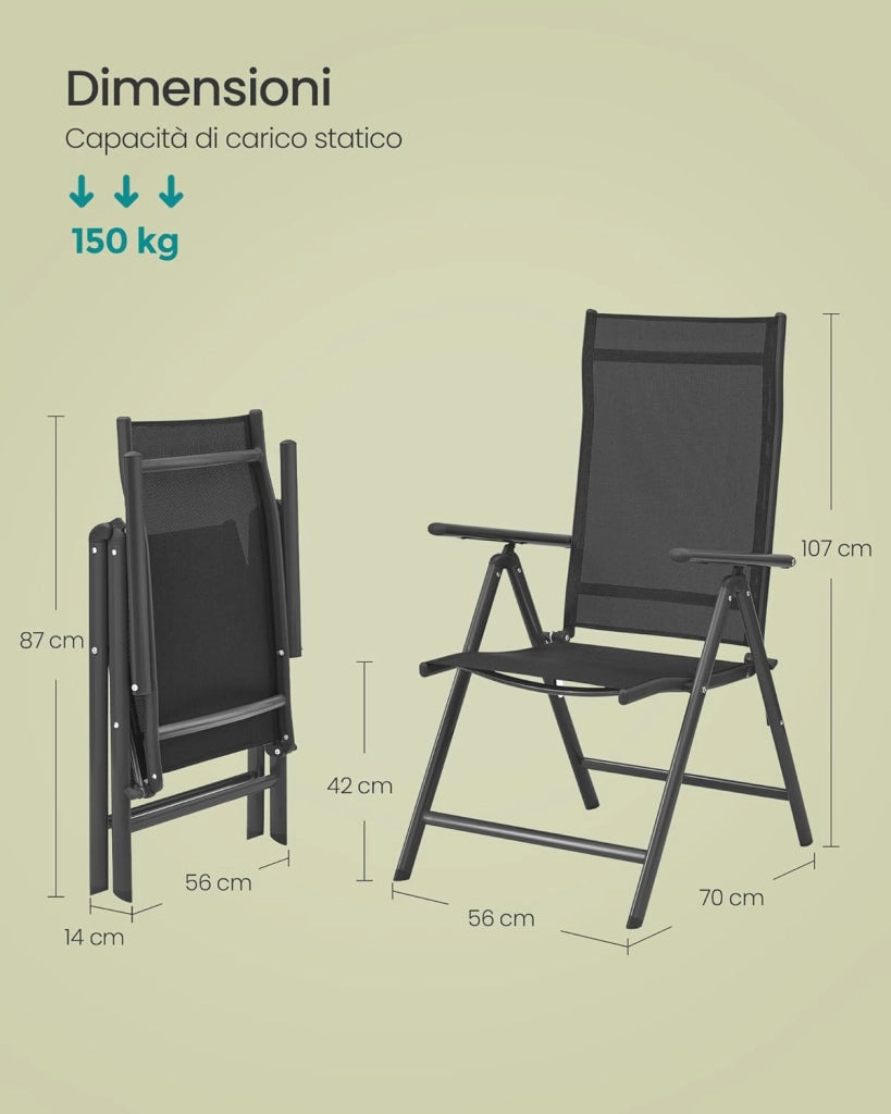 SONGMICS Sedie da Giardino, Set di 2 Sedie Pieghevoli, per Esterno, con Struttura in Metallo, Schienale Regolabile in 8 Posizioni, Capacità di Carico fino a 150 kg, Nero GCB29BK