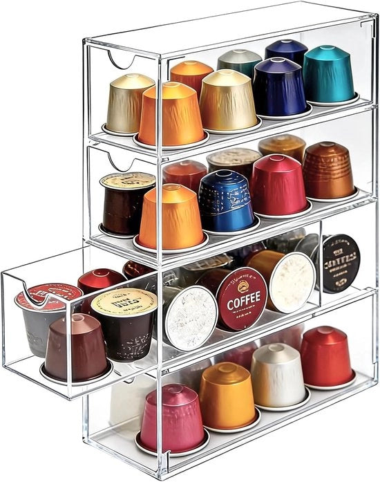 Organizzatore per capsule di caffè con 4 compartimenti - Acrilico - 24,7 x 17,6 x 6,6 cm - Organizzatore - Facile da pulire - Adatto per Nespresso/Dolce Gusto/Tassimo - Organizzatore per capsule