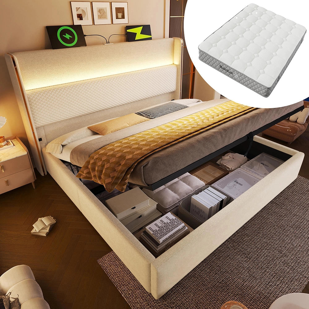 Letto Matrimoniale Moderno 140x200cm - Xylo - Testiera Alta Idraulica LED e USB, Tessuto Lino Beige