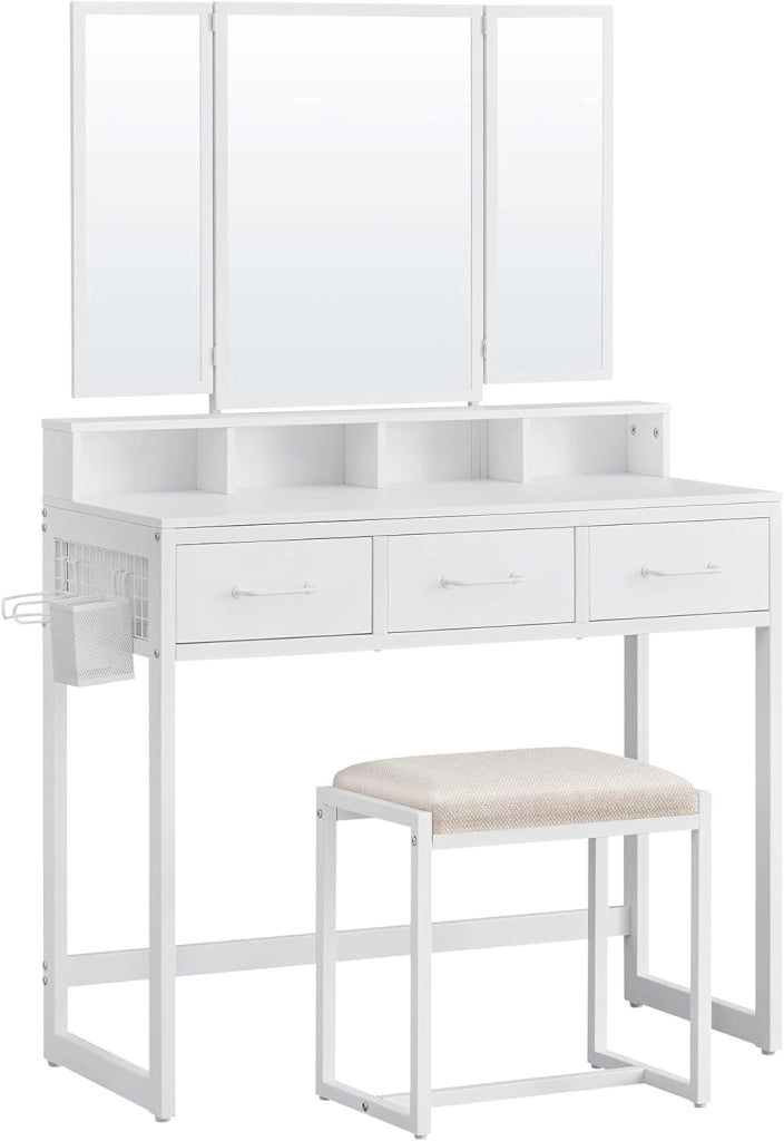 VASAGLE Toeletta con sgabello imbottito, tavolo da toeletta con triplo specchio, 3 cassetti, porta asciugacapelli cosmetico stile industriale, marrone rovere/nero RVT004B50
