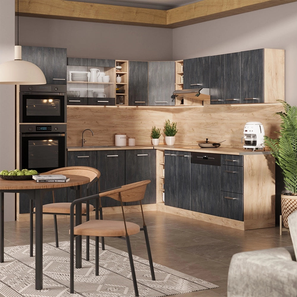 Cucina angolare completa R-Line Calce nera/Rovere dorato 247 x 237 cm PL Antracite Vicco