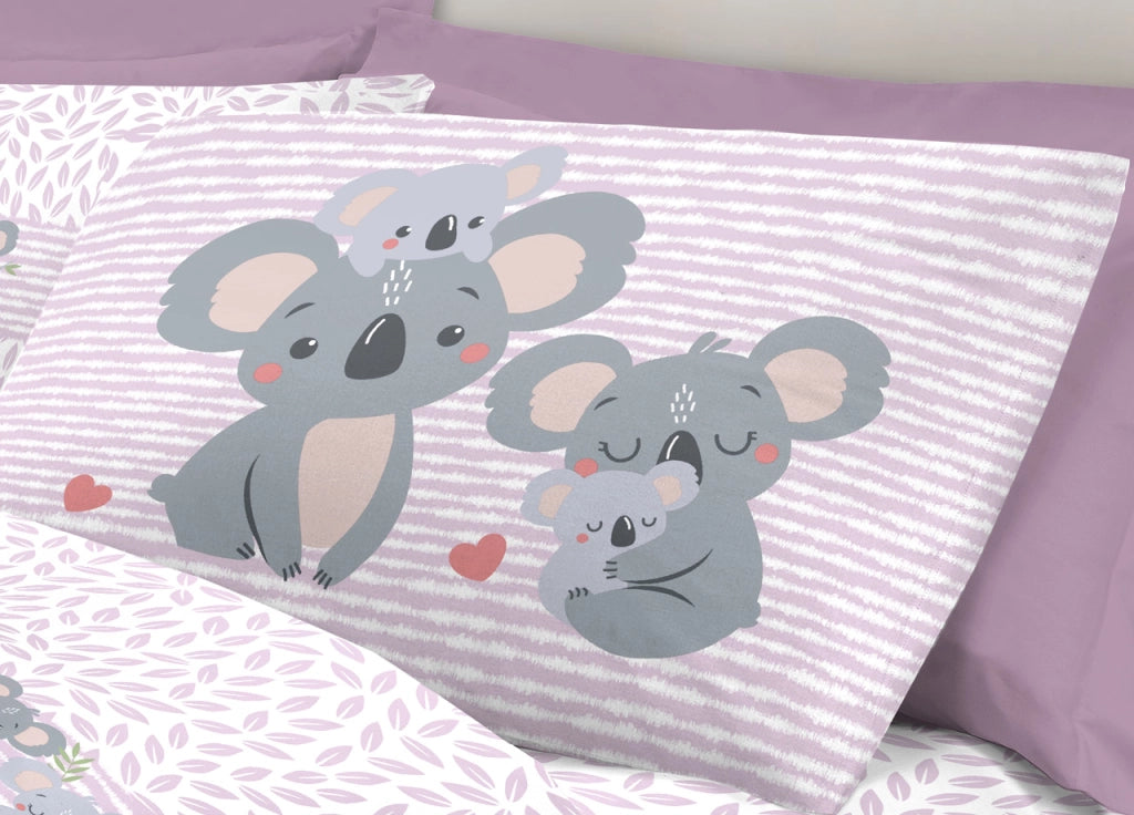 Completo Lenzuola Letto Pensieri Delicati 100% Cotone Dis. Koala Family - Singolo - Rosa