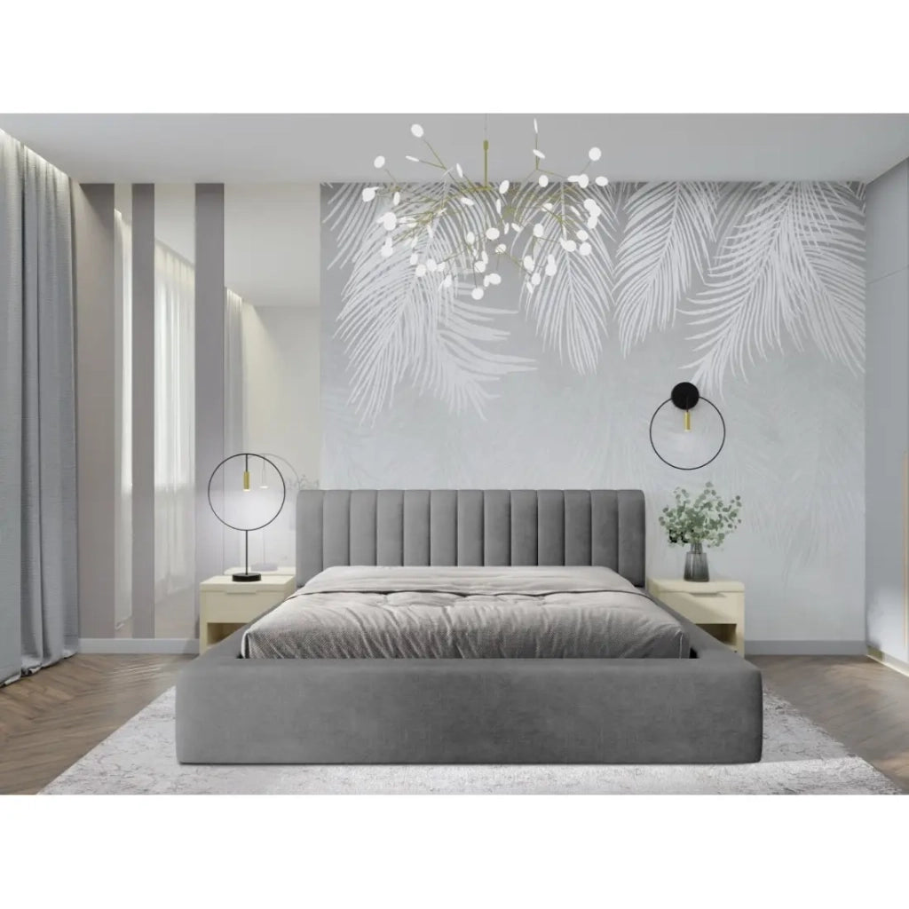 Lit coffre CERVIN – Velluto morbido Perla di cemento – 180x200 cm – Rete sollevabile – Design contemporaneo