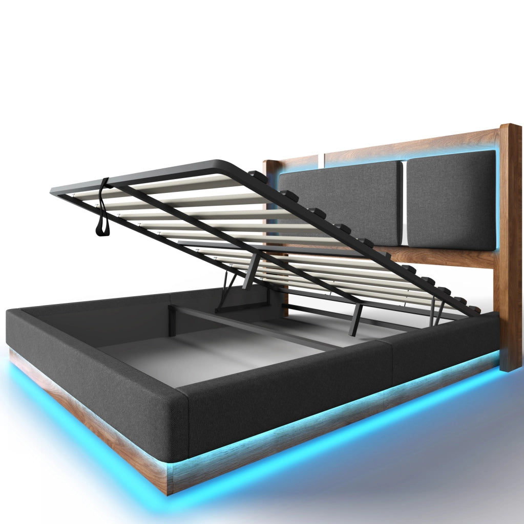 Letto matrimoniale 199x156x110 cm con LED e contenitore; in lino; legno e metallo grigio e noce