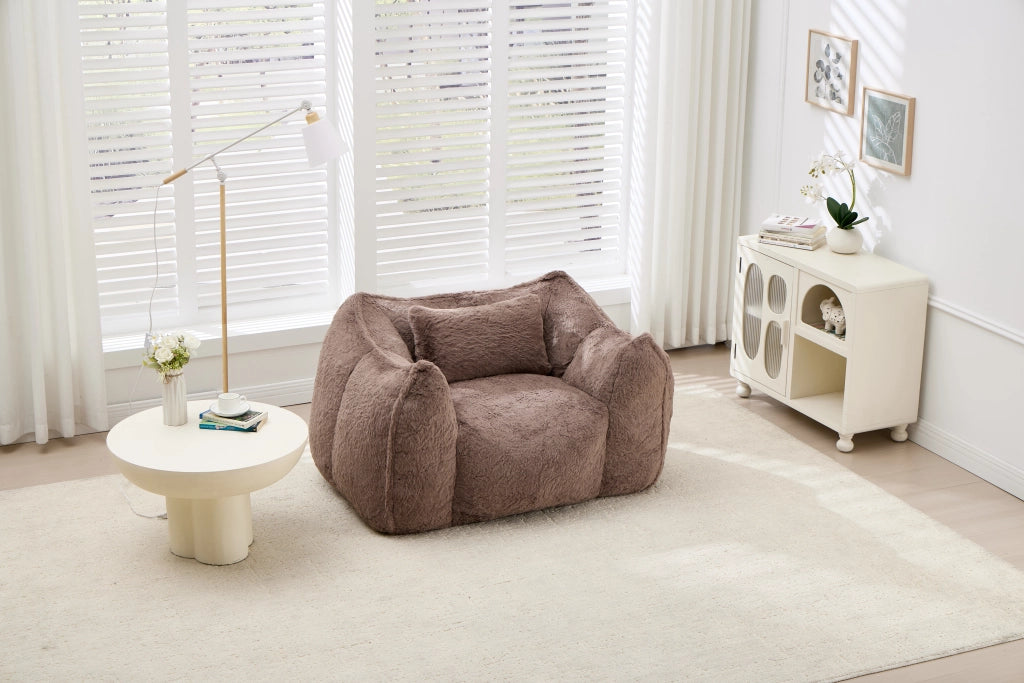 Fauteuil pouf in pelliccia sintetica con schienale ergonomico e imbottitura in schiuma, per salotto e camera da letto, khaki