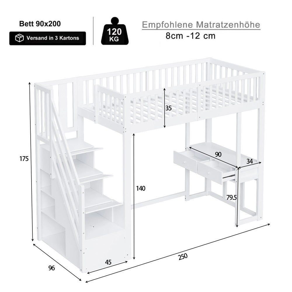 Letto a Soppalco con Scrivania e Scala Contenitore ¨C Xylo ¨C Pino Massello Bianco 90x200