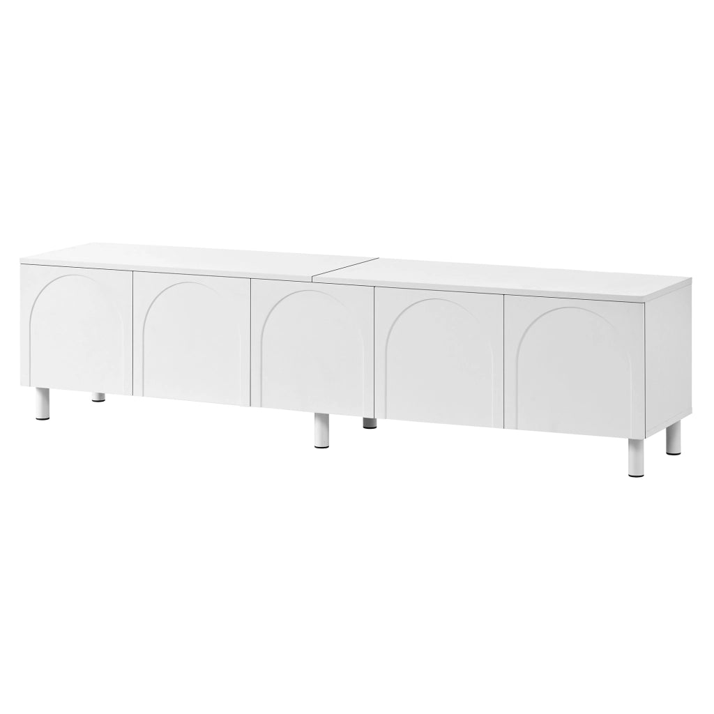 Mobile porta TV con 5 ante e passacavi, piedi in metallo, in MDF e PB, per soggiorno, bianco, 180 × 38 × 45 cm