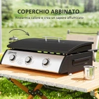 Piastra a Gas in Acciaio Smaltato con 3 Bruciatori Potenza 7.5kW, 3 Zone di Cottura e Coperchio, Nero