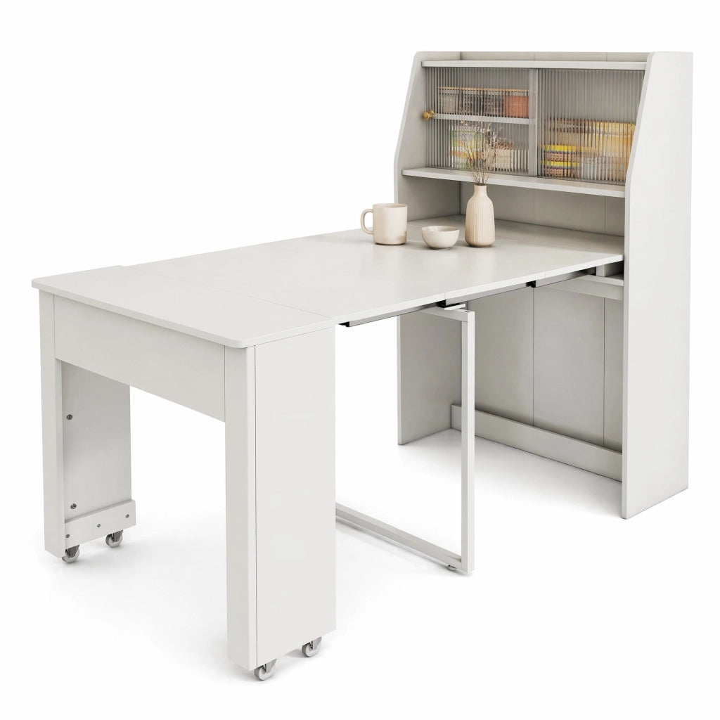 Tavolo da pranzo allungabile 52-132,5 cm con vano contenitore, bianco, in truciolare e vetro