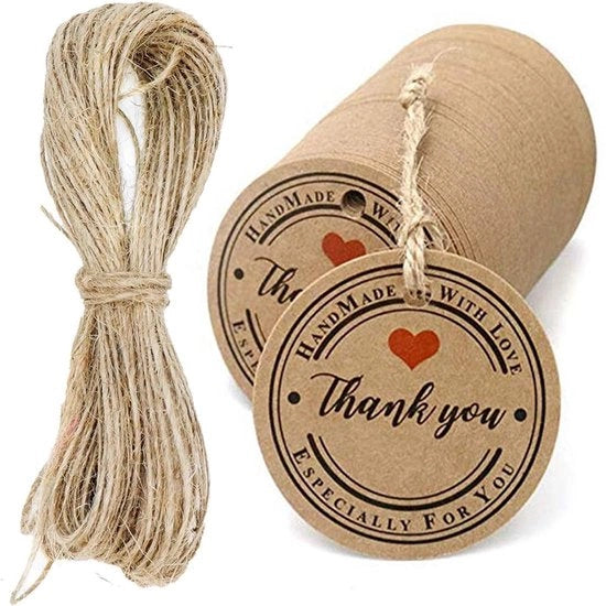 Etichette di cartone di alta qualità 300 g/m², 100 pezzi, con corda di juta da 20 m, per regali di matrimonio, compleanni e artigianato.