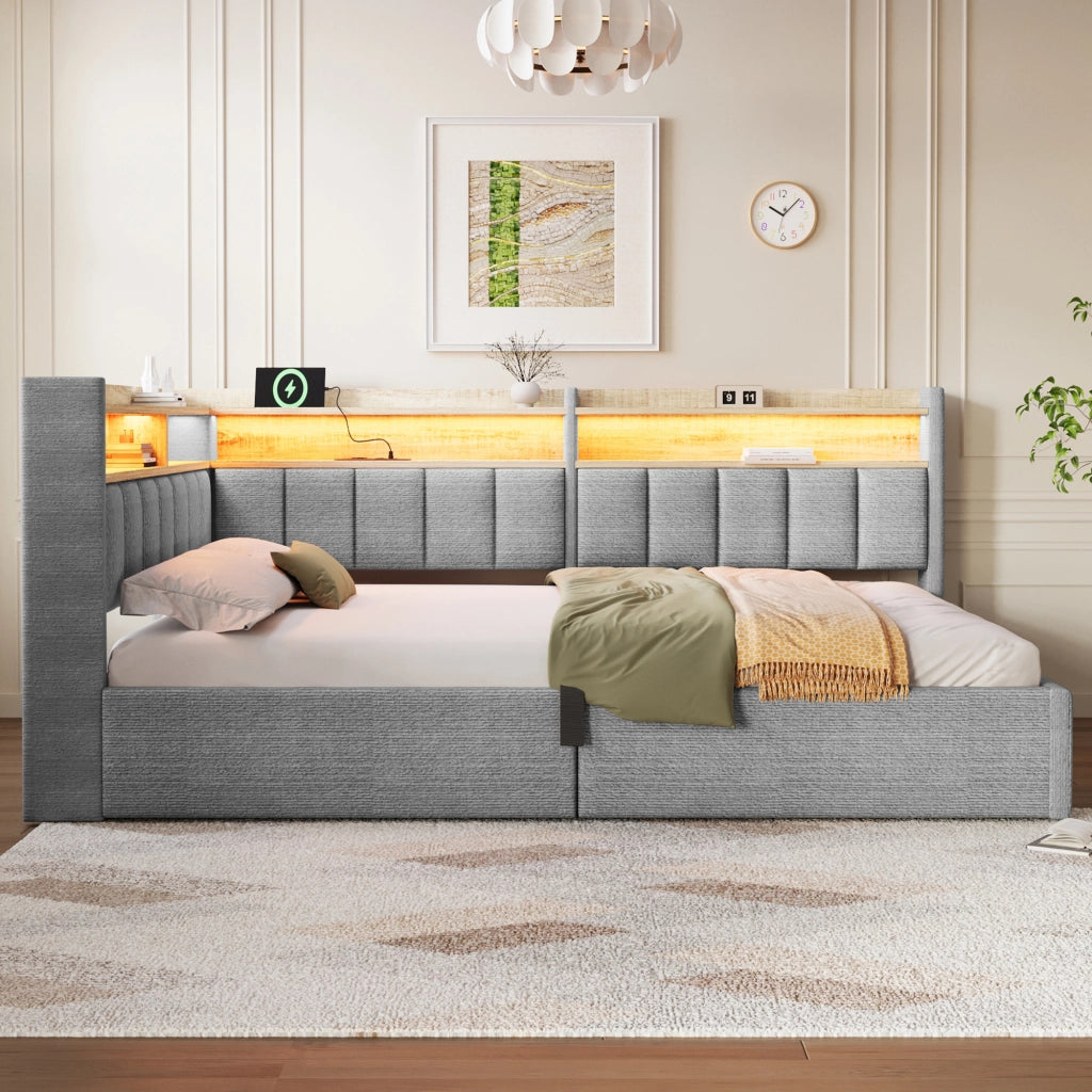 Letto imbottito 140x200 in velluto grigio con contenitore; LED RGB e porte USB