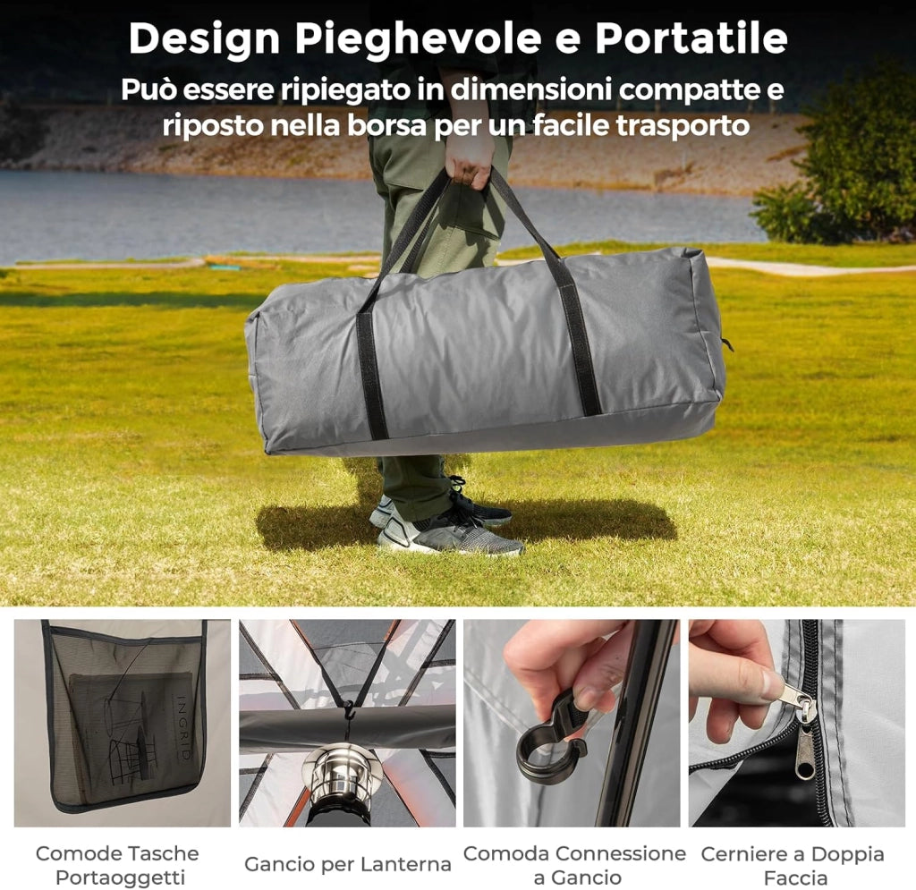 Tenda da Campeggio con Divisorio, Tenda a Doppio Strato con Telo Antipioggia, Telo in PE, Finestre a Rete, Impermeabile e Antivento, con Borsa