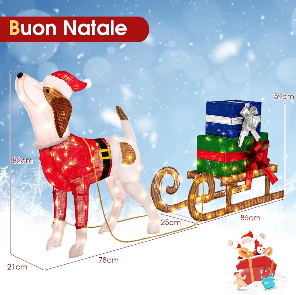 Decorazioni Natalizie Illuminate di Cane e Slitta, Luci Natalizie a Forma di Cane da Esterno Interno, Decorazione Natalizia Festosa con 170 Luci LED per Giardino e il Cortile