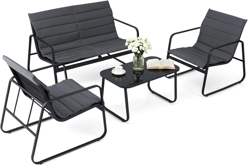 Set Tavolino e Sedie da Giardino con Cuscino, Set di Mobili a Dondolo, Set Bistrò 3 Pezzi, Tavolino in Vetro Temperato, Sedie in Textilene, per Giardino Cortile Piscina (Modello 2)