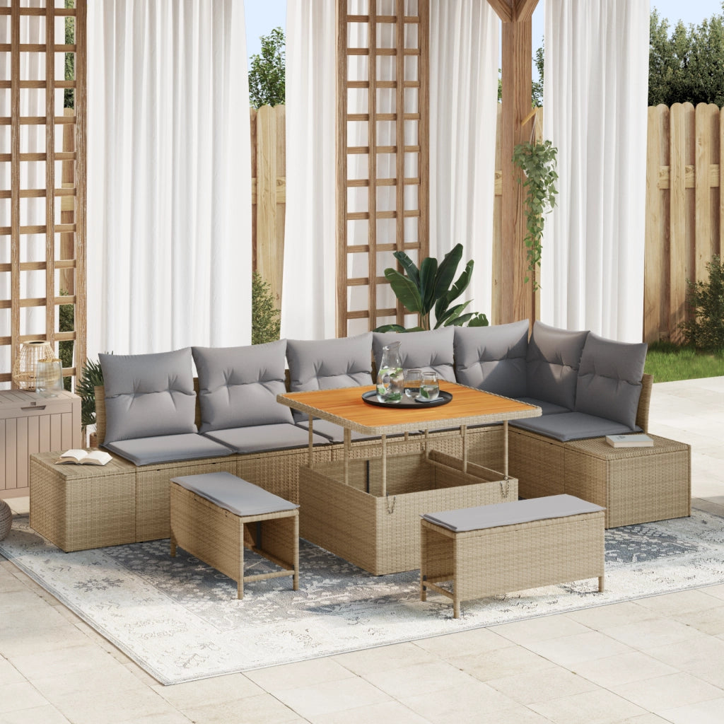 Set Divano da Giardino  a 9 Pezzi con Cuscini Beige Rattan Policomposito