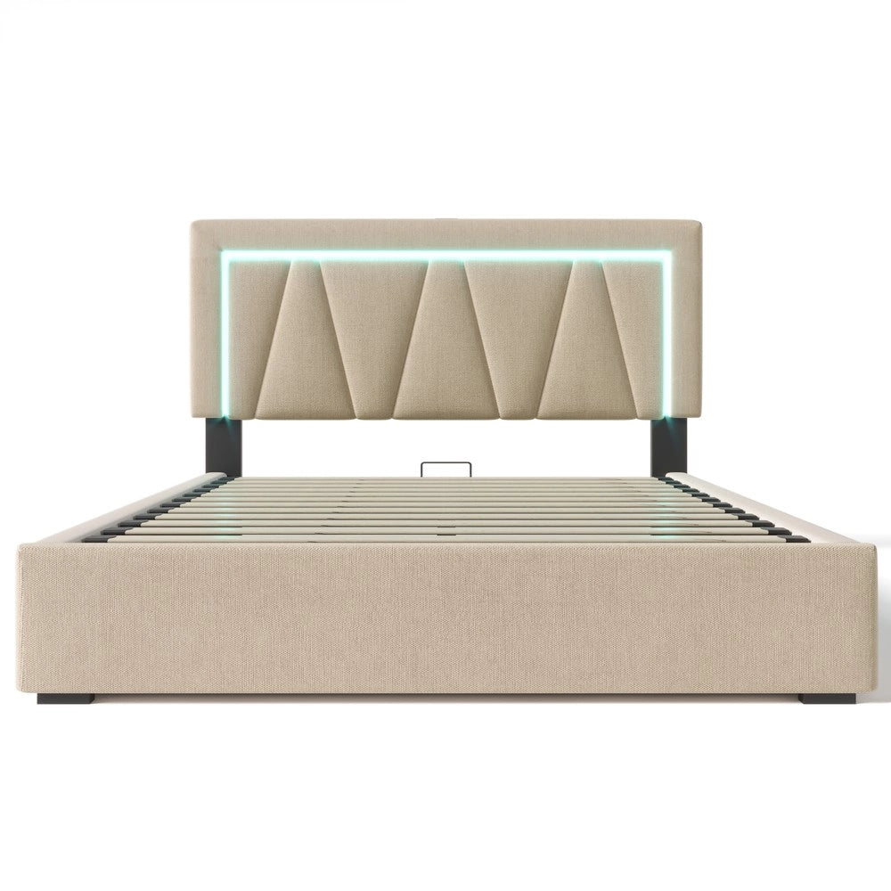 Letto Imbottito Contenitore LED con USB ¨C MINIMAL ¨C Tessuto Lino 140x200 con Materasso